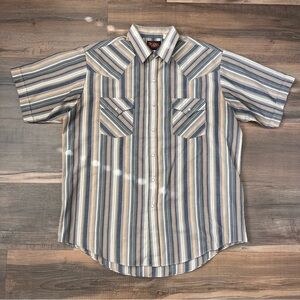 Plains Western Wear Short Sleeve Tan/Blue Striped Pearl Snap Western Shirt Sz L